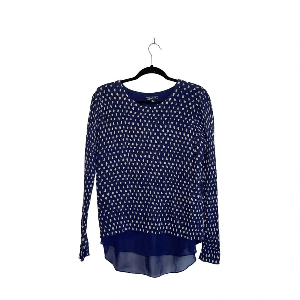Lucky Brand Navy Blue & Gold Printed Lined Split Back Knit Top Medium Women’s